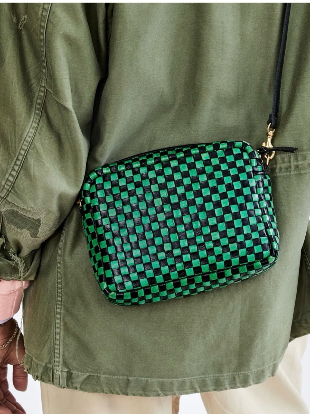 Woven Checker Crossbody Bag in Green and Black
